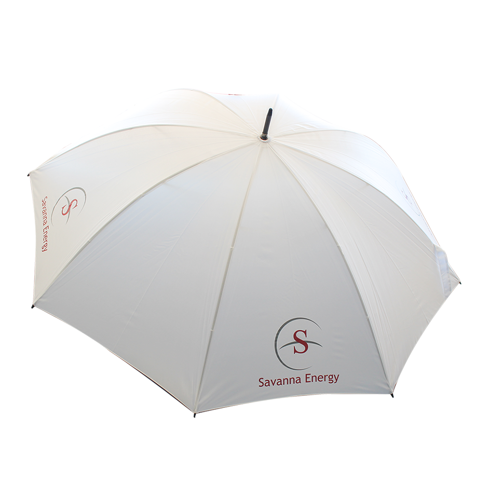 White umbrella with a red logo and text on a plain white background
