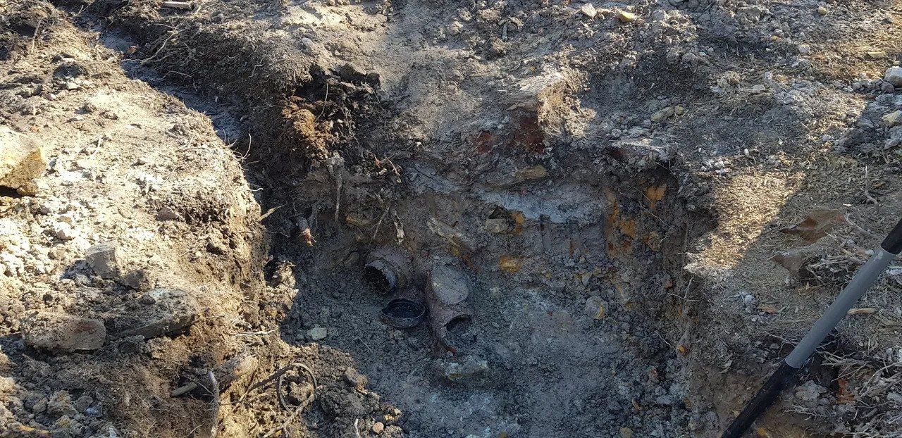 Close-up of a muddy dirt path with rocks, dry leaves, and a dark hose or cable on the right