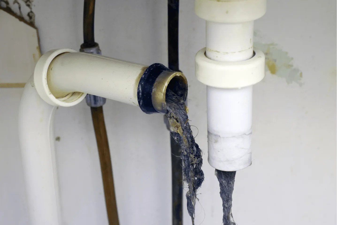 Leaking and corroded white pipes under a sink with dark sludge around a joint