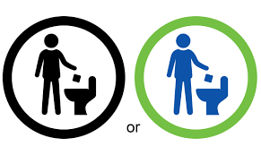 Black and blue restroom accessibility symbols showing a person with a service dog, with “or” between them