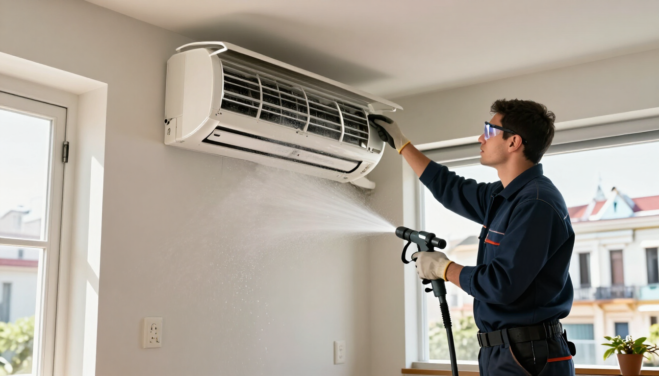Un técnico limpiando un aire acondicionado de pared con un taladro en una habitación luminosa