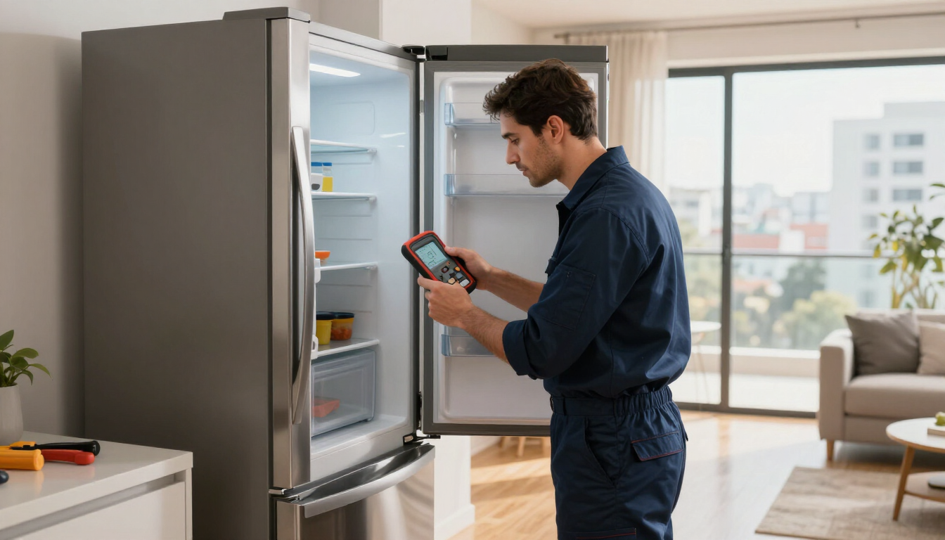 Hombre usando un teléfono inteligente junto a un refrigerador abierto en una cocina y sala de estar modernas y luminosas.