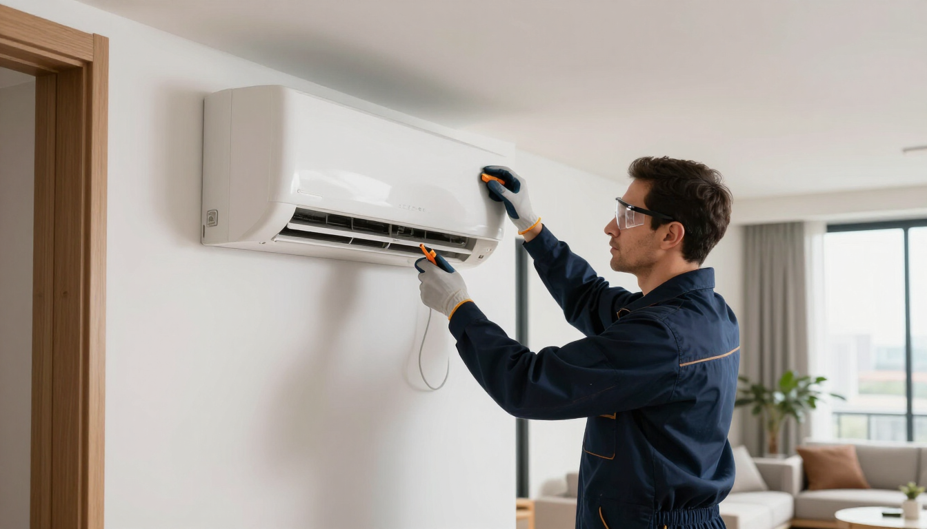Técnico reparando un aire acondicionado de pared en un salón luminoso