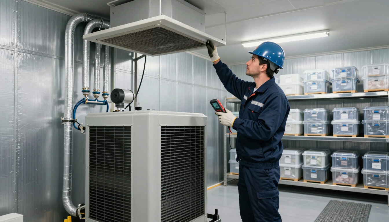 Técnico con casco azul inspeccionando equipos industriales de climatización en una sala de fábrica