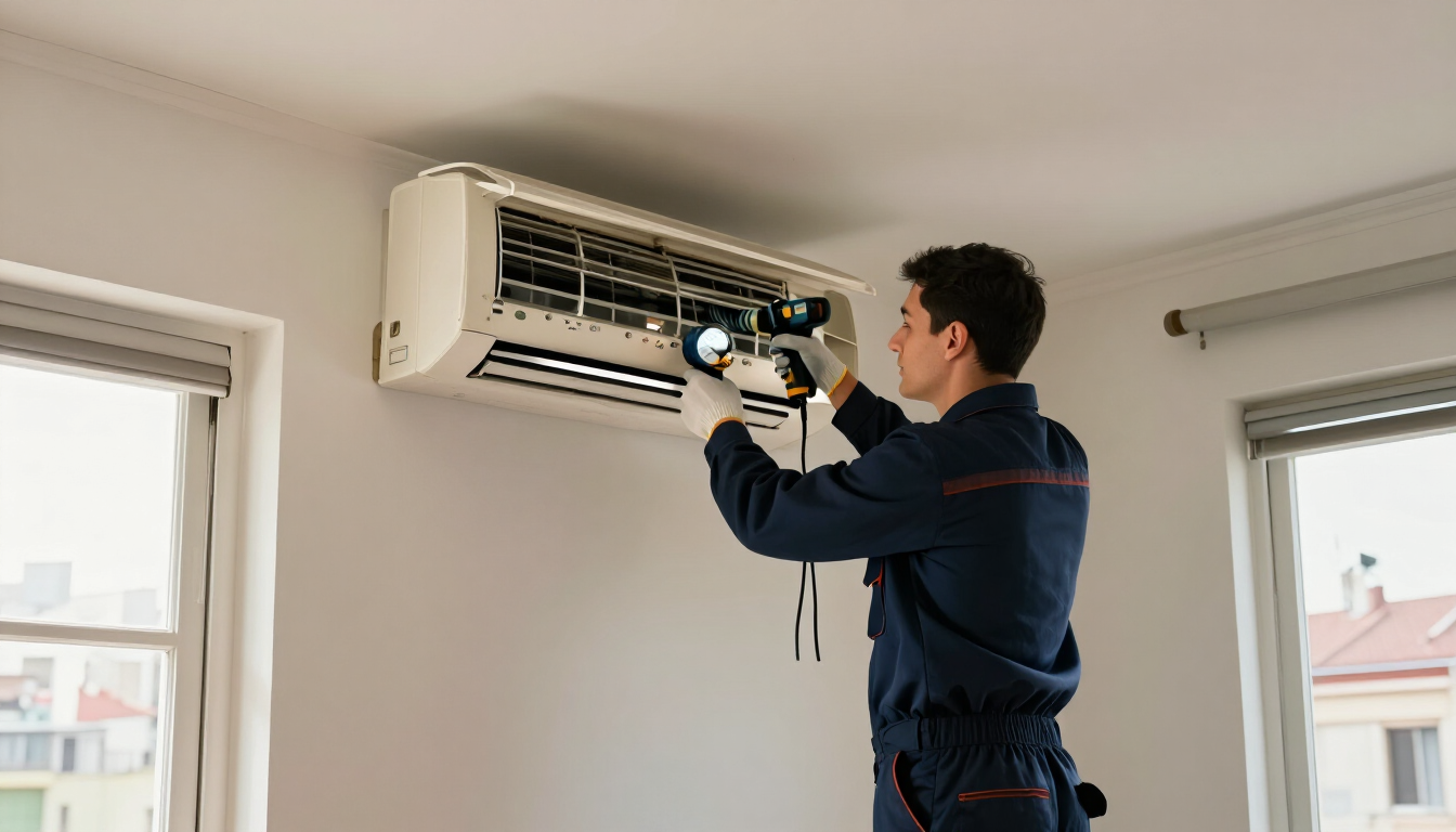 Técnico reparando un aire acondicionado de pared en una habitación luminosa
