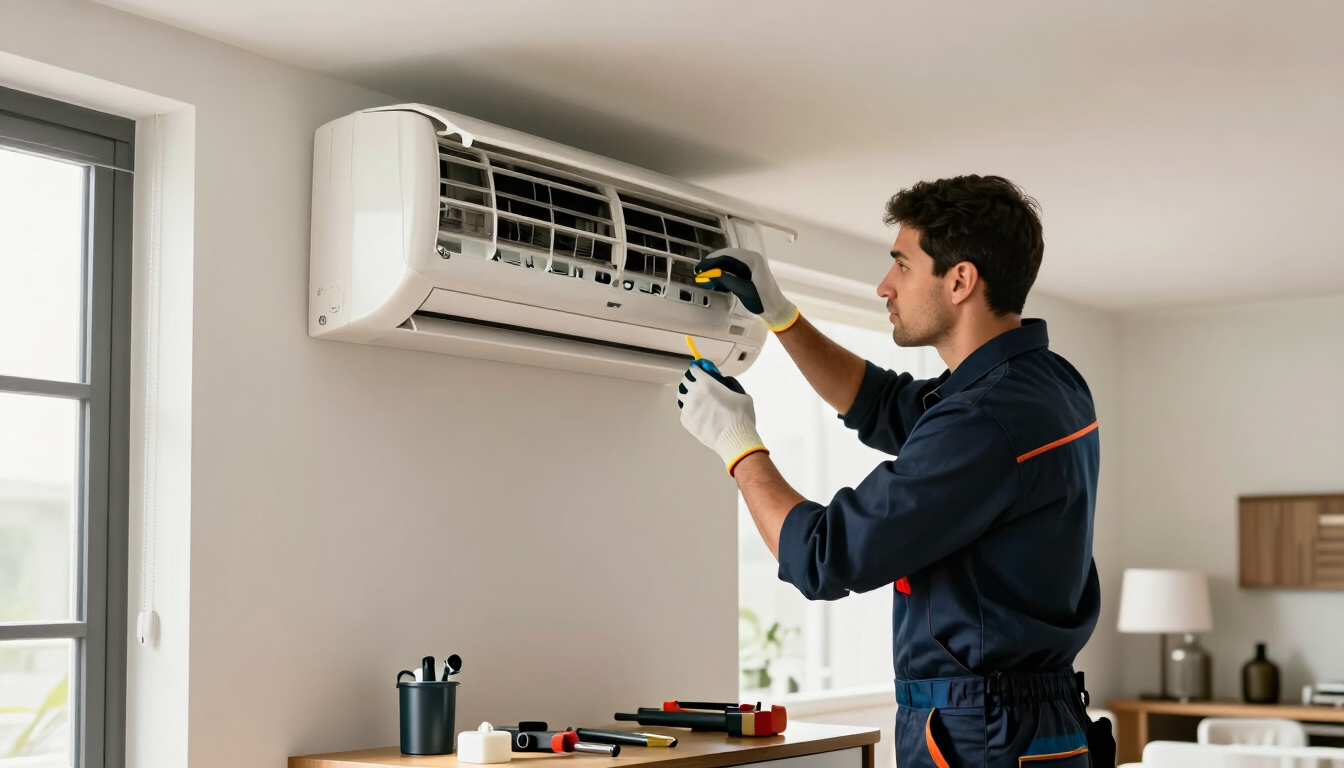 Técnico reparando un aire acondicionado de pared con herramientas en una habitación luminosa