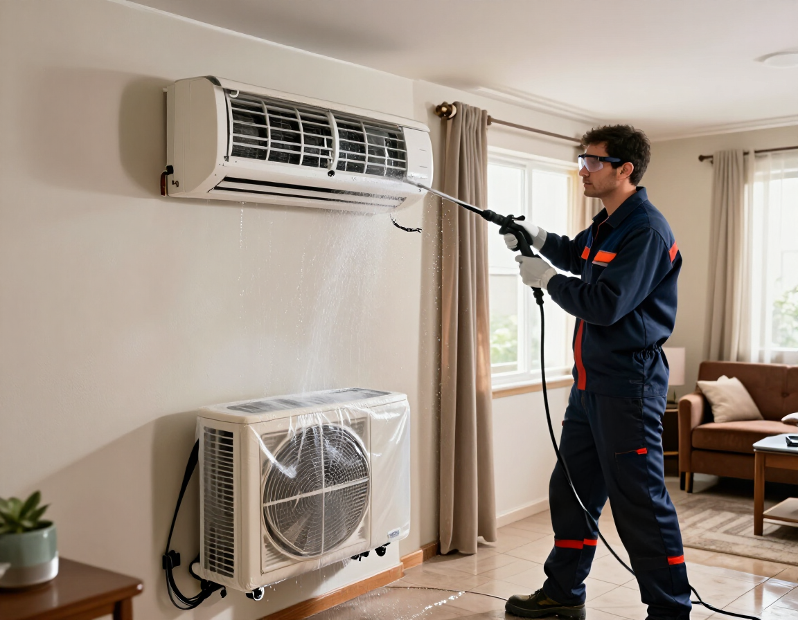 Técnico limpiando un aire acondicionado de pared en una sala de estar luminosa