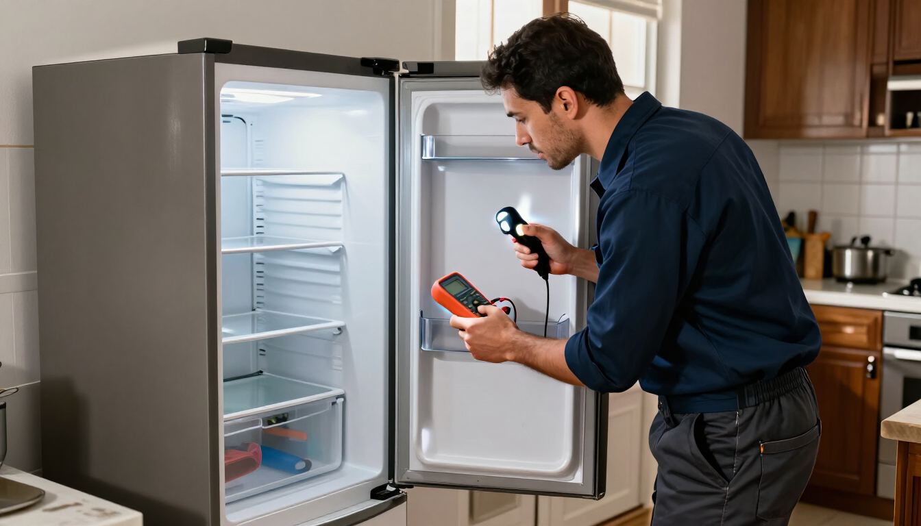 Hombre inspeccionando un refrigerador abierto con una linterna en una cocina