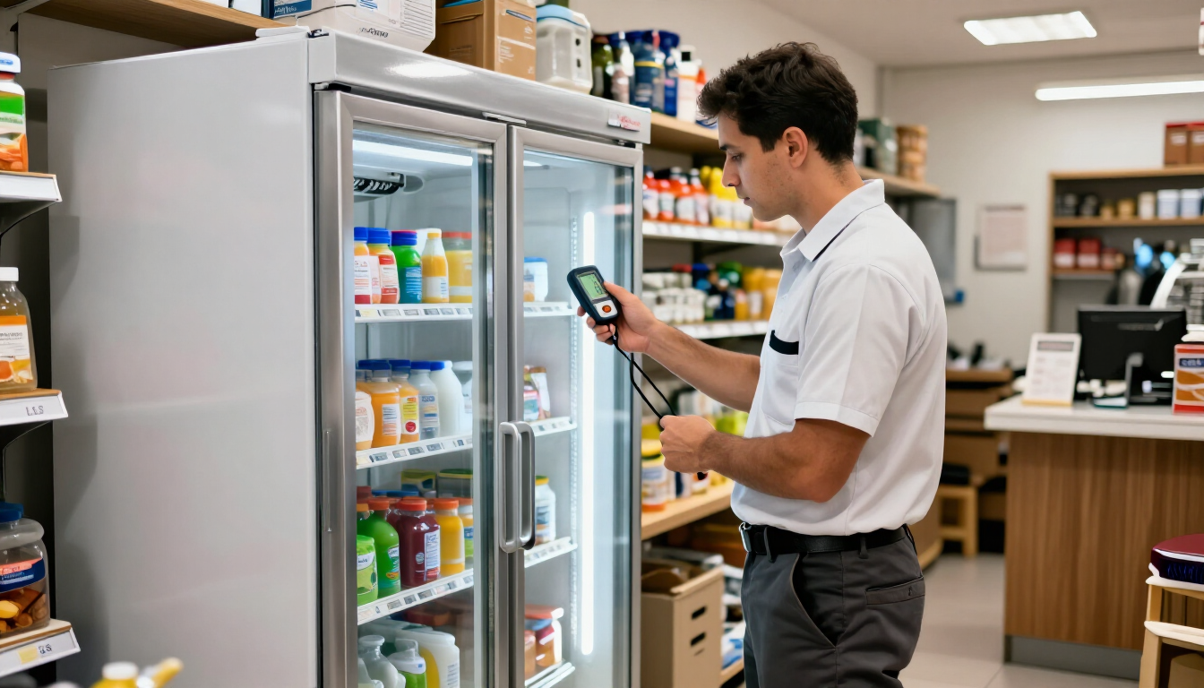 Hombre con camisa blanca escaneando productos en el pasillo de una farmacia, junto a vitrinas refrigeradas abiertas