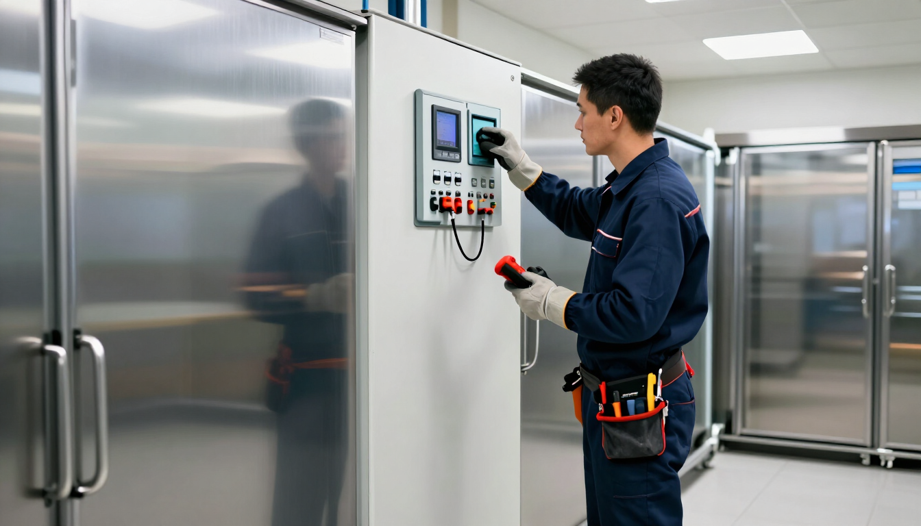 Técnico ajustando un panel de control junto a equipos industriales de acero inoxidable en una instalación limpia