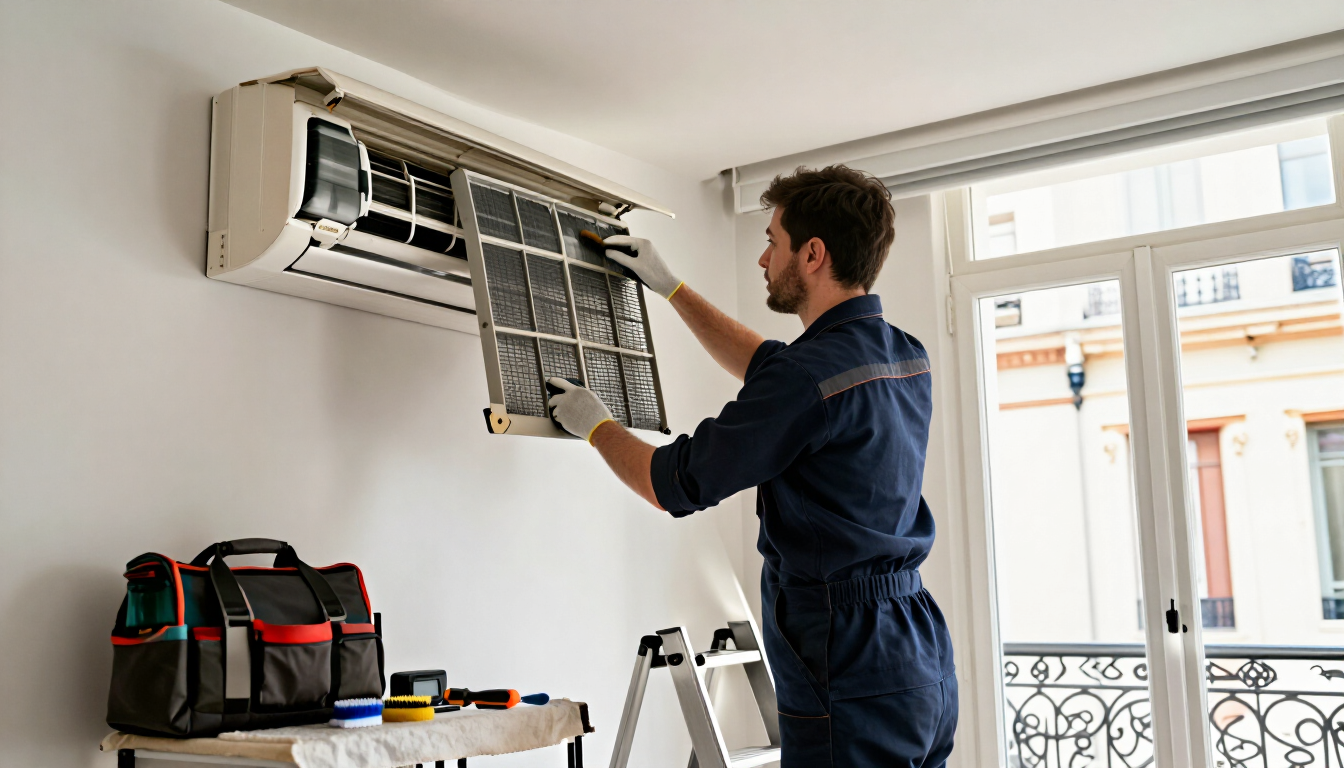 Técnico limpiando un aire acondicionado de pared en el interior, con el panel del filtro abierto.