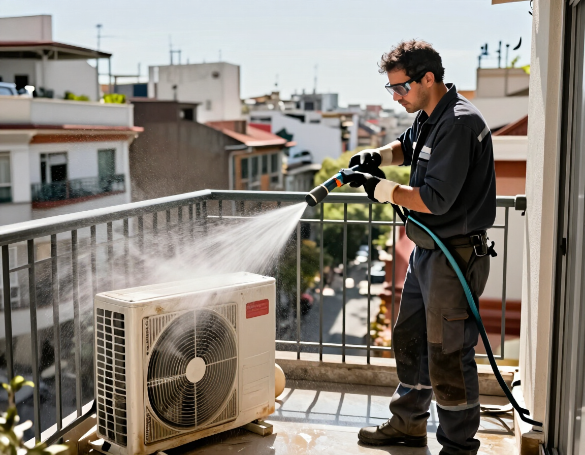 Un trabajador limpia con una hidrolavadora una unidad de aire acondicionado exterior en un balcón.