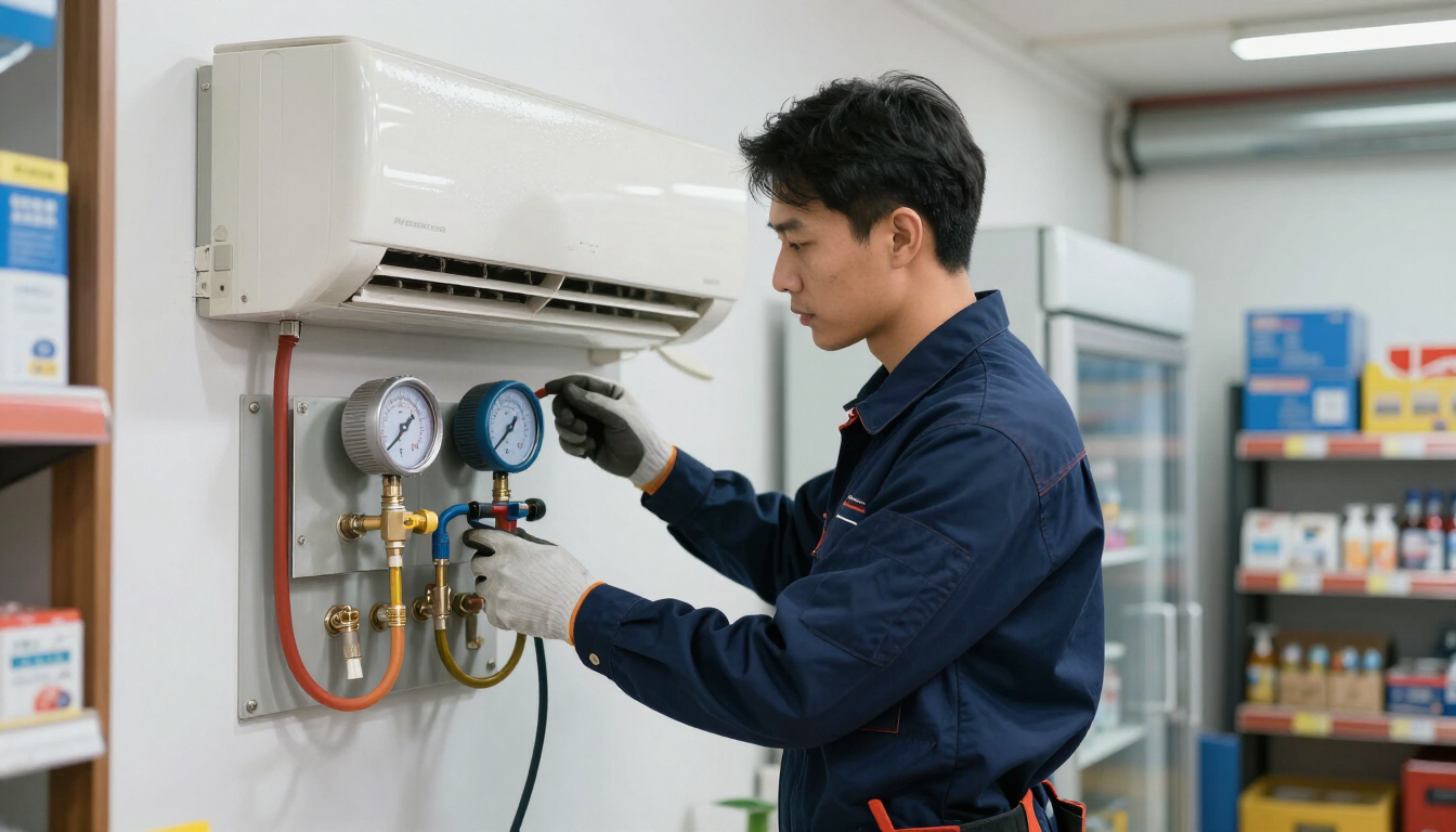 Técnico inspeccionando una unidad de climatización con manómetros en un taller, ajustando el equipo en una zona de reparación