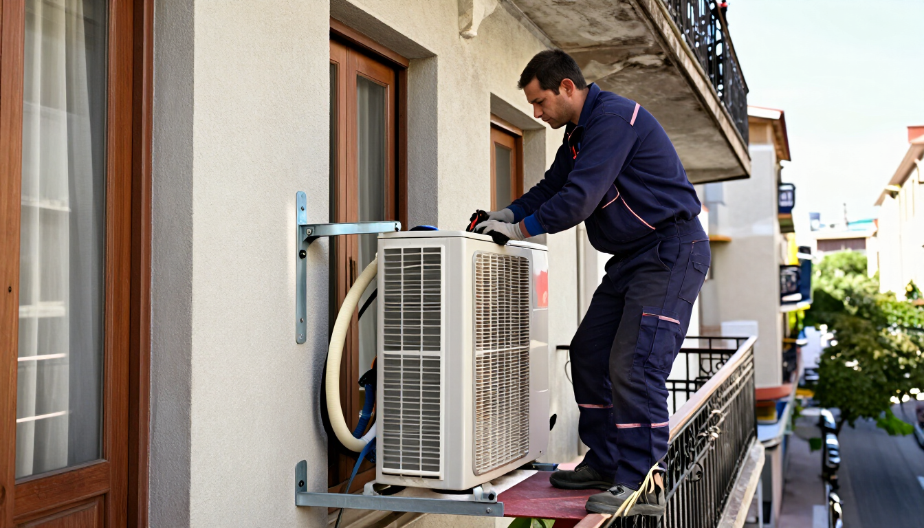 Técnico instalando una unidad de aire acondicionado exterior en la barandilla de un balcón