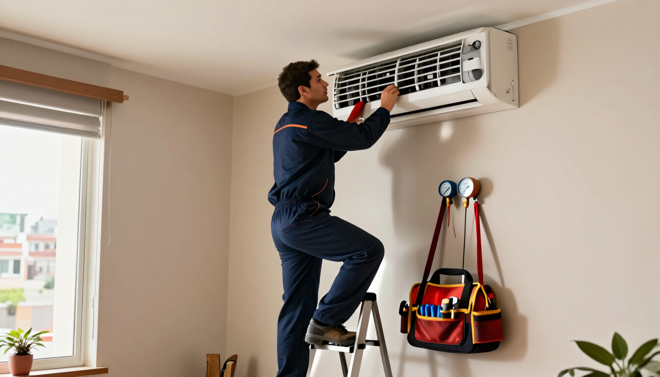 Técnico subido a una escalera limpiando un aire acondicionado de pared en una habitación luminosa