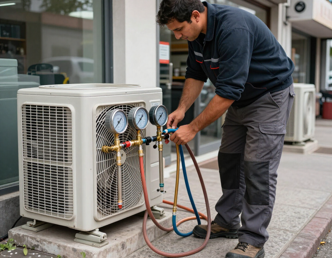 Técnico reparando una unidad de aire acondicionado exterior con manómetros y mangueras en una acera