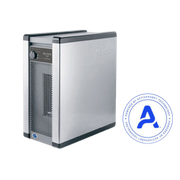 Silver tower appliance with mesh front panel and blue circular logo on white background