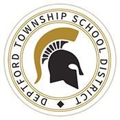 District logo for Deptford Township School District with a black Spartan helmet in a gold-and-white seal
