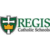 REGIS Catholic Schools logo with green shield and gold cross