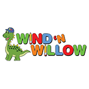 Green cartoon dinosaur beside colorful “Wind ’n Willow” logo text on white background