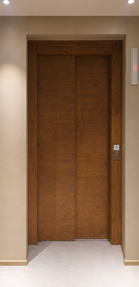 Portes d'ascenseur en bois fermées dans un couloir beige avec un panneau d'appel