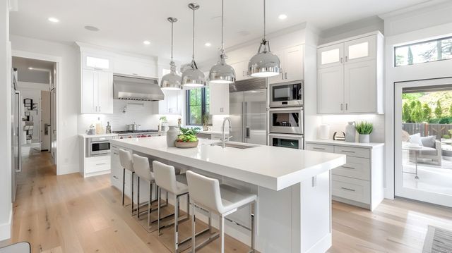 Bright modern kitchen with white island, pendant lights, stainless appliances, and wood floors