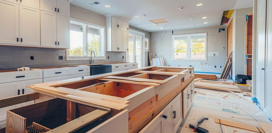 A kitchen under construction with wooden cabinets and a sink.