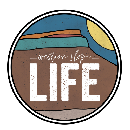 Circular logo reading “western slope LIFE” with layered brown, teal, orange, and yellow mountain shapes.