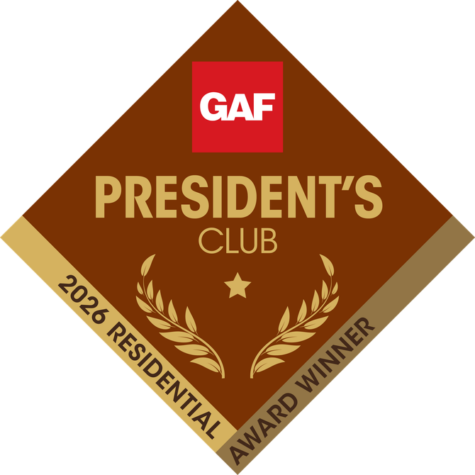 GAF President’s Club award emblem in brown, gold, and red with “2023 Residential Award Winner” text