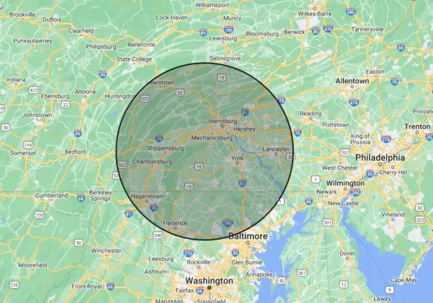 A map of the Gettysburg service area