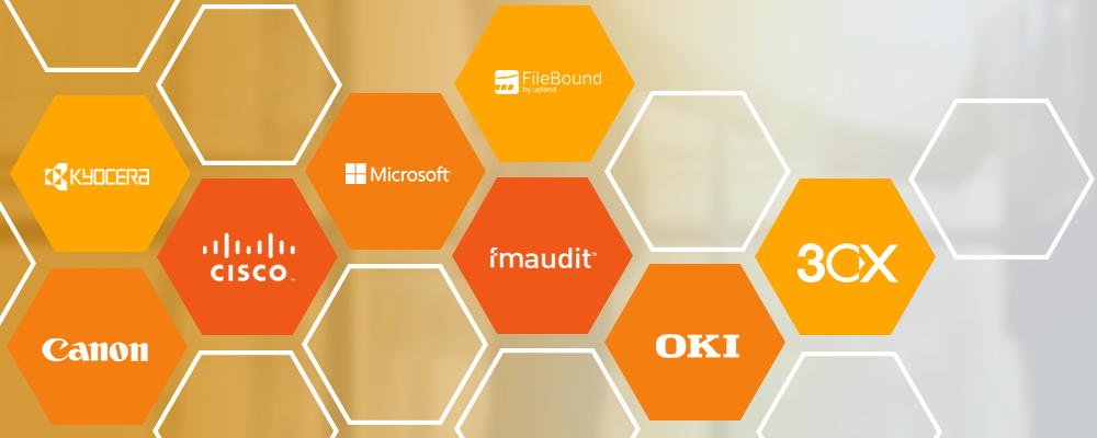 A bunch of orange hexagons with logos on them