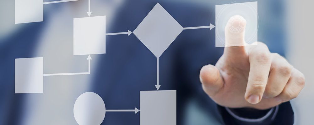 A person is pointing at a flow chart on a screen.