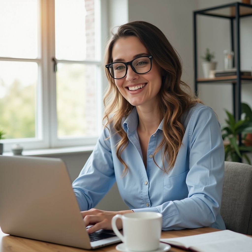 Woman with glasses smiling while working on a laptop at a desk with a coffee mug.