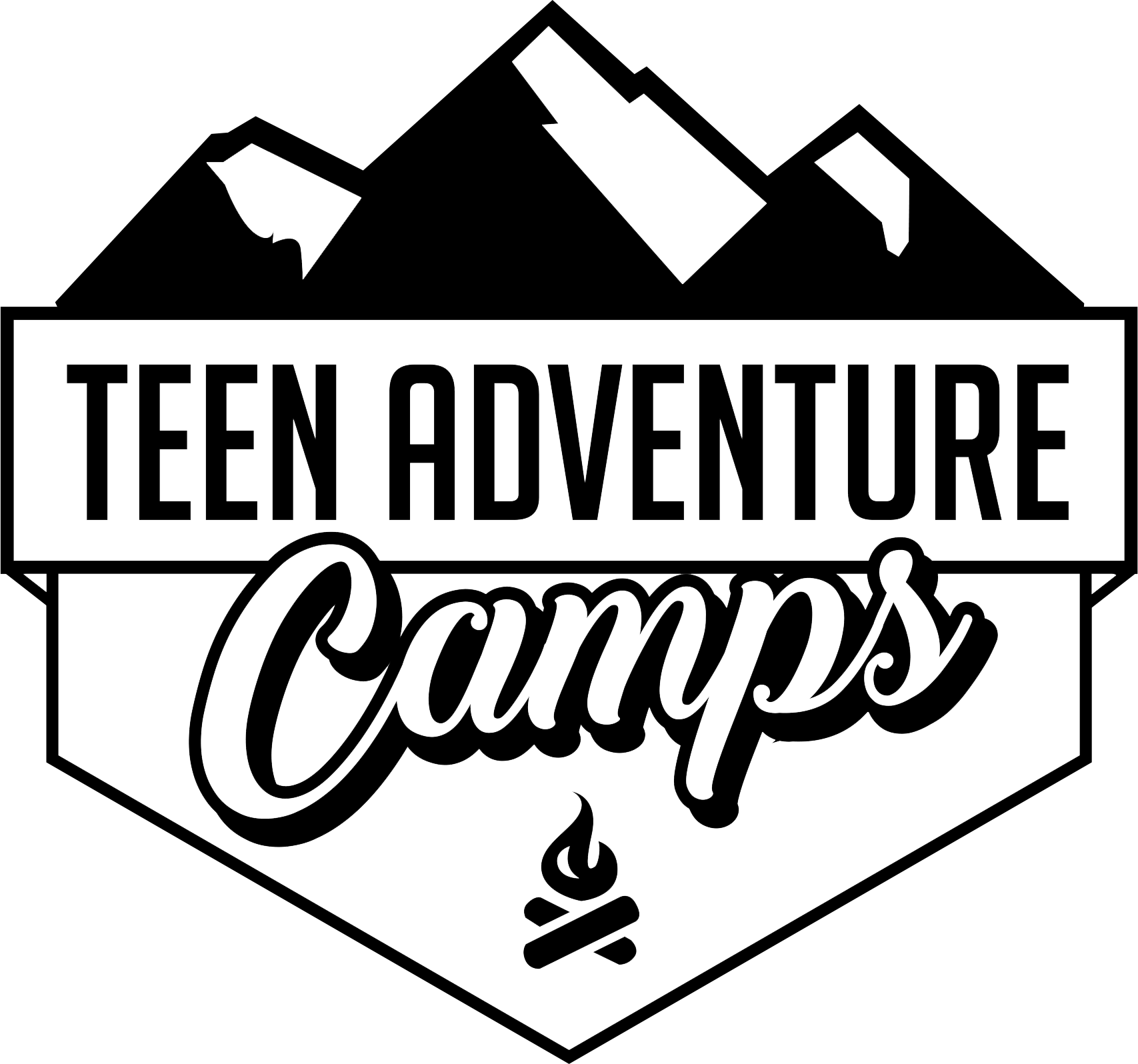 A black and white logo for teen adventure camps with mountains in the background.