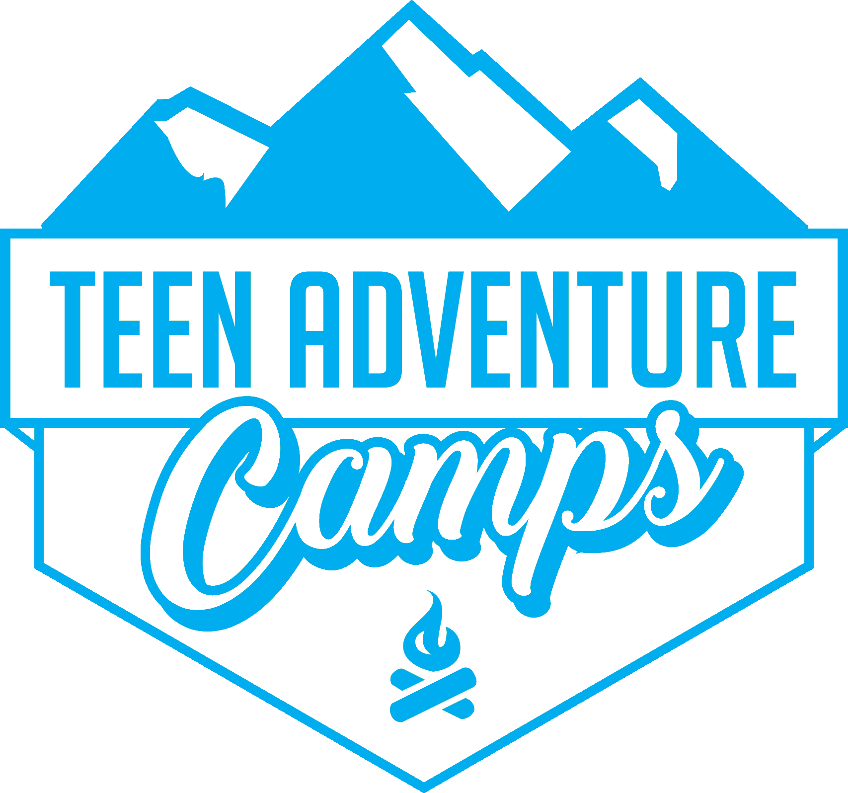 A blue logo for teen adventure camps with mountains in the background