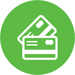 Two credit cards are stacked on top of each other in a green circle.