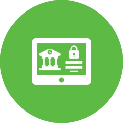 An icon of a tablet with a bank building and a padlock on it.