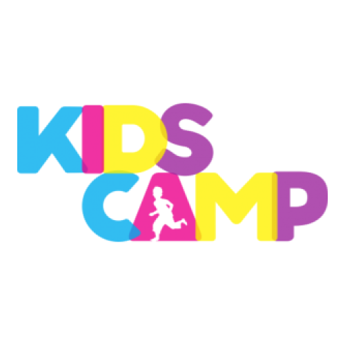 A colorful logo for kids camp with a silhouette of a child running