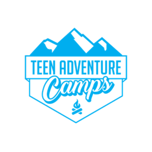 A blue and white logo for teen adventure camps