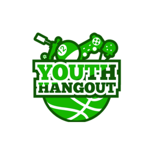 A logo for youth hangout with a basketball , pool cue , and game controllers.