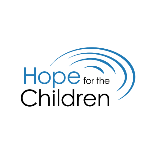 A logo for hope for the children with a blue swirl in the middle.