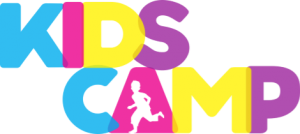 A colorful logo for kids camp with a silhouette of a child running