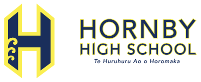 The logo for hornby high school is blue and yellow.