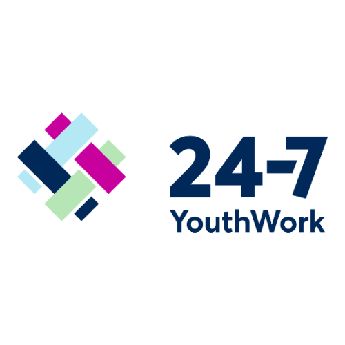A logo for 24/7 youthwork with a square in the middle