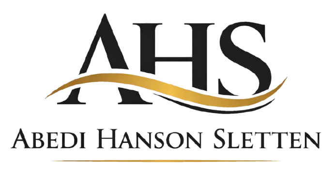 Logo for Abedi Hanson Sletten, law firm, black text with a gold accent.