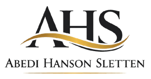 Logo for Abedi Hanson Sletten, law firm, black text with a gold accent.