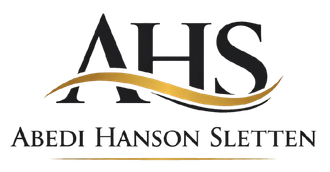 Logo for Abedi Hanson Sletten, law firm, black text with a gold accent.