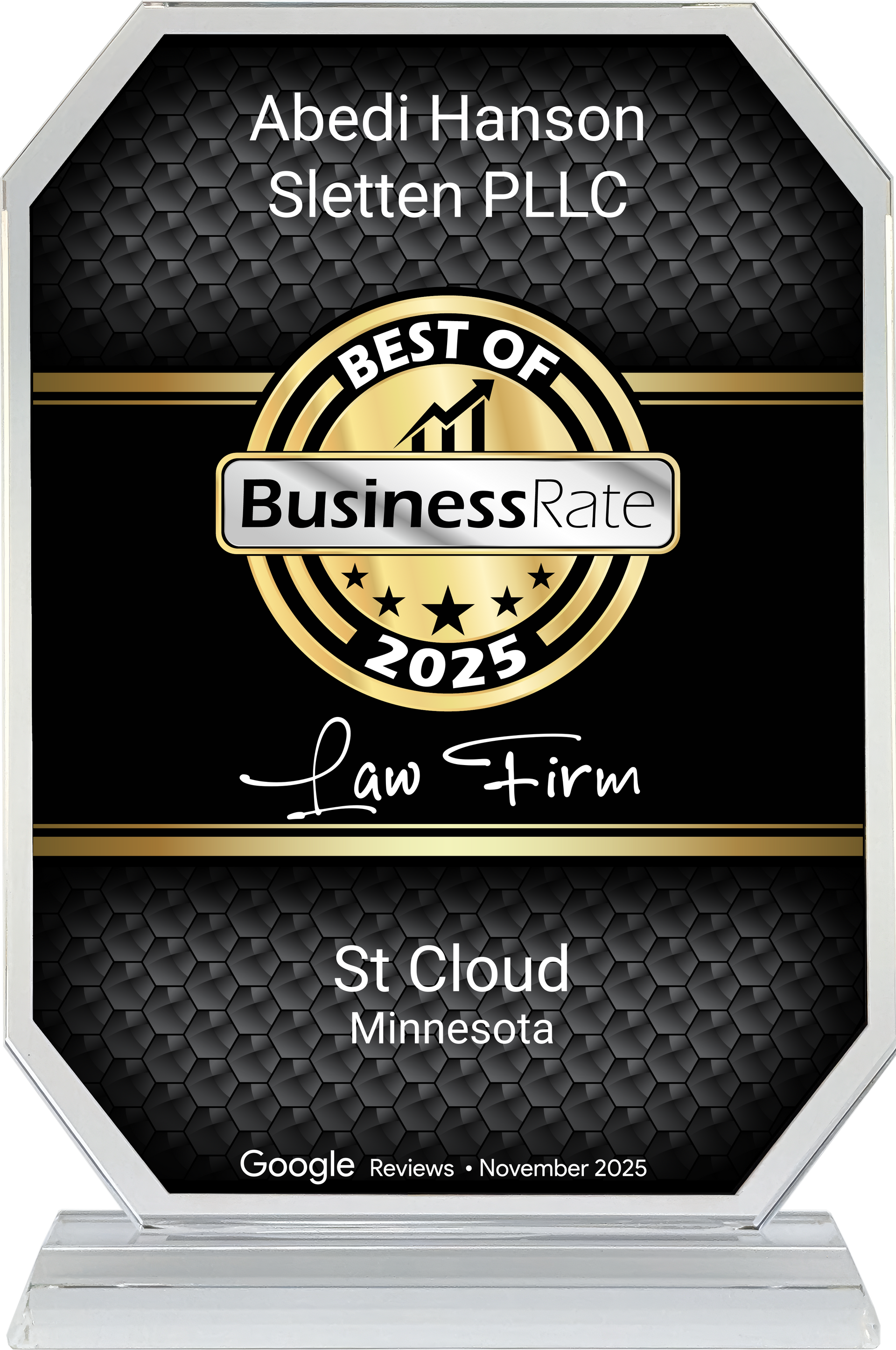 Award plaque for Abedi Hanson Sletten PLLC, 