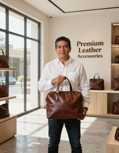 Artesano presentando bolsa de piel