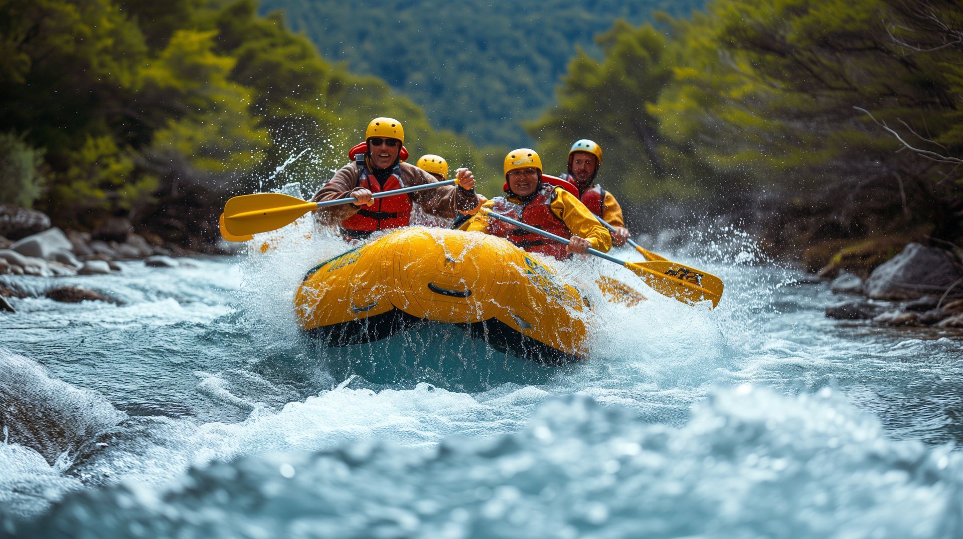 A group of people are rafting down a river.